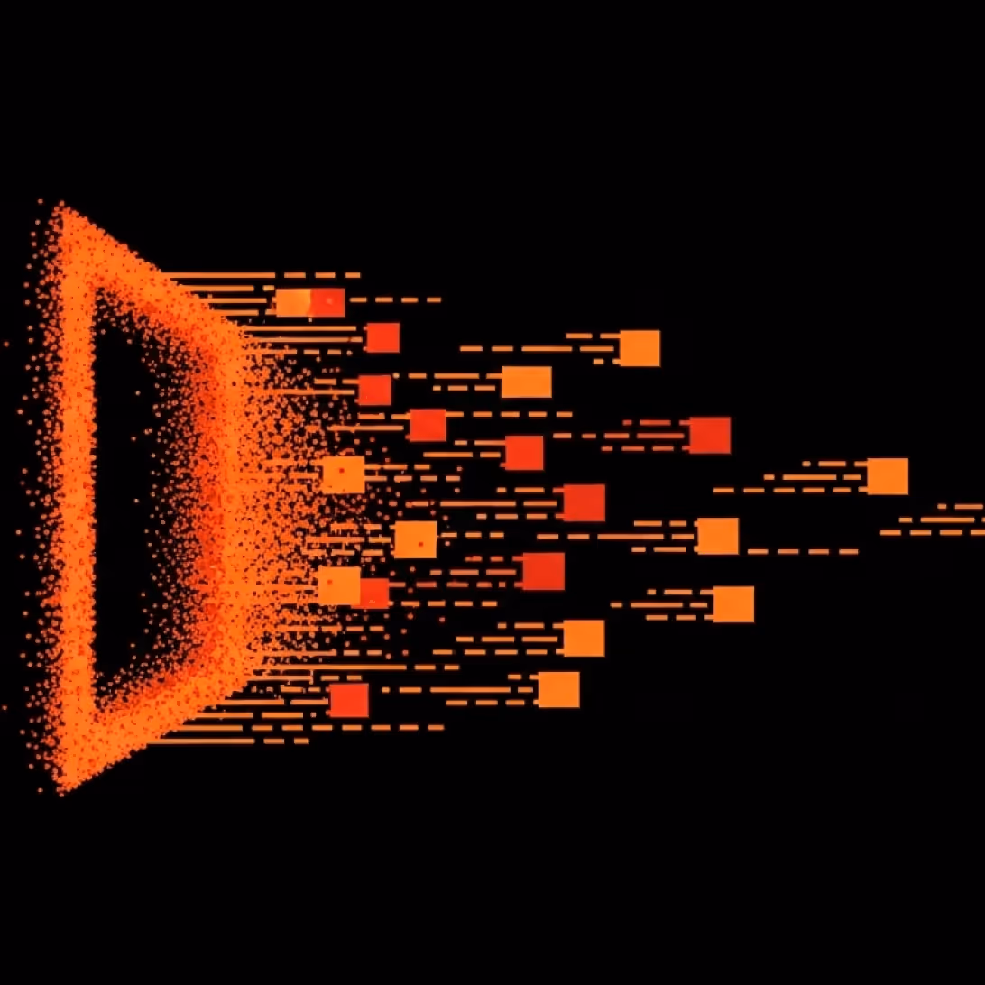 Abstract orange digital funnel with p文章 and squares dispersing to the right on a black background.