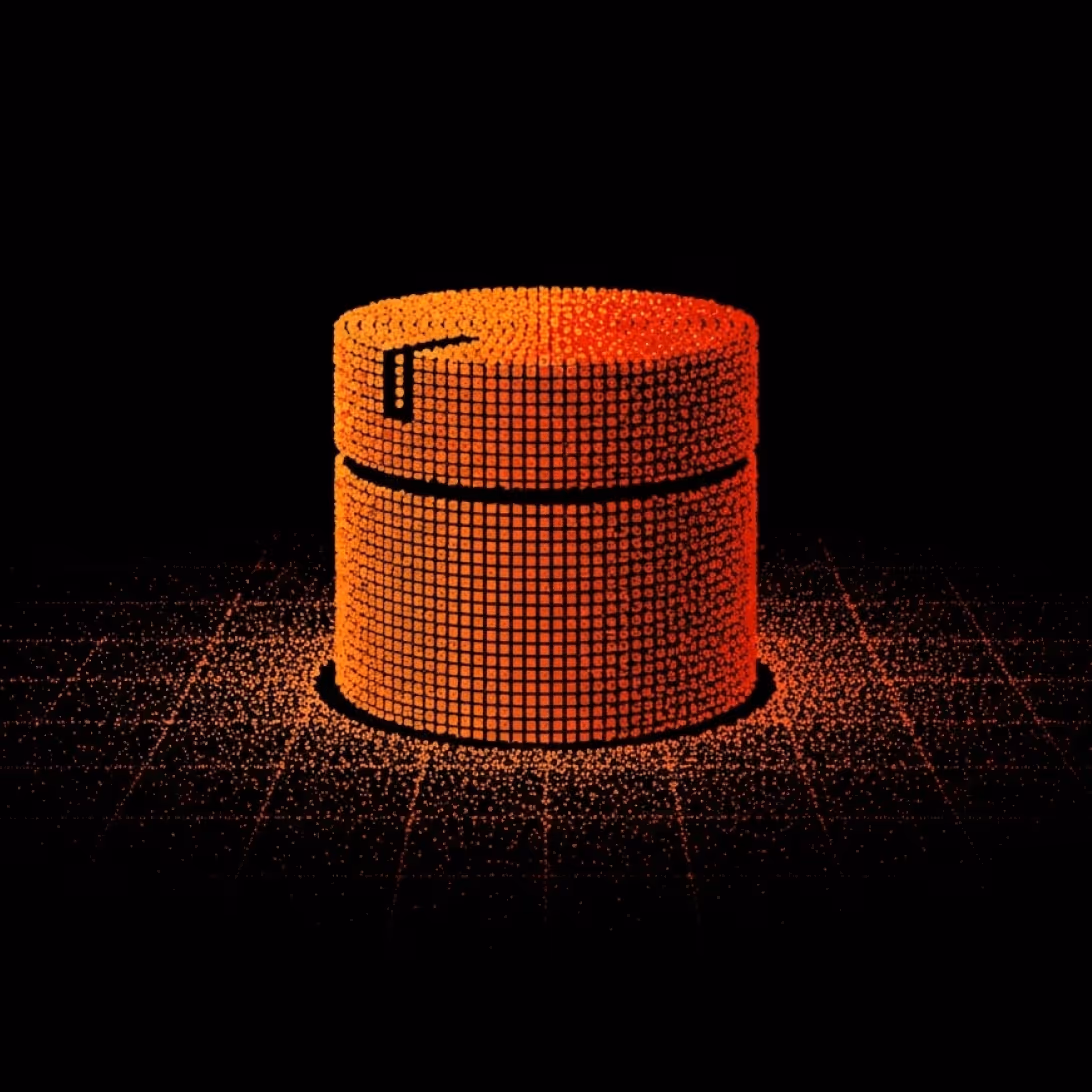 3D digital illustration of an orange cylindrical database formed by small square p文章 on a black grid background.