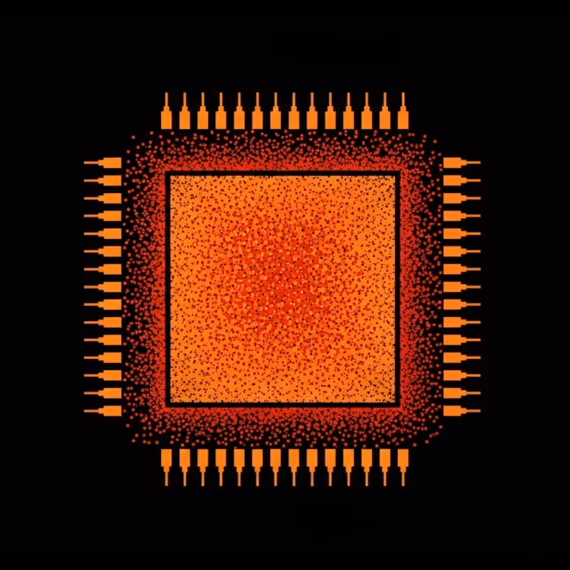 Abstract digital illustration of an orange microchip with multiple connector pins extending from all sides on a black background.