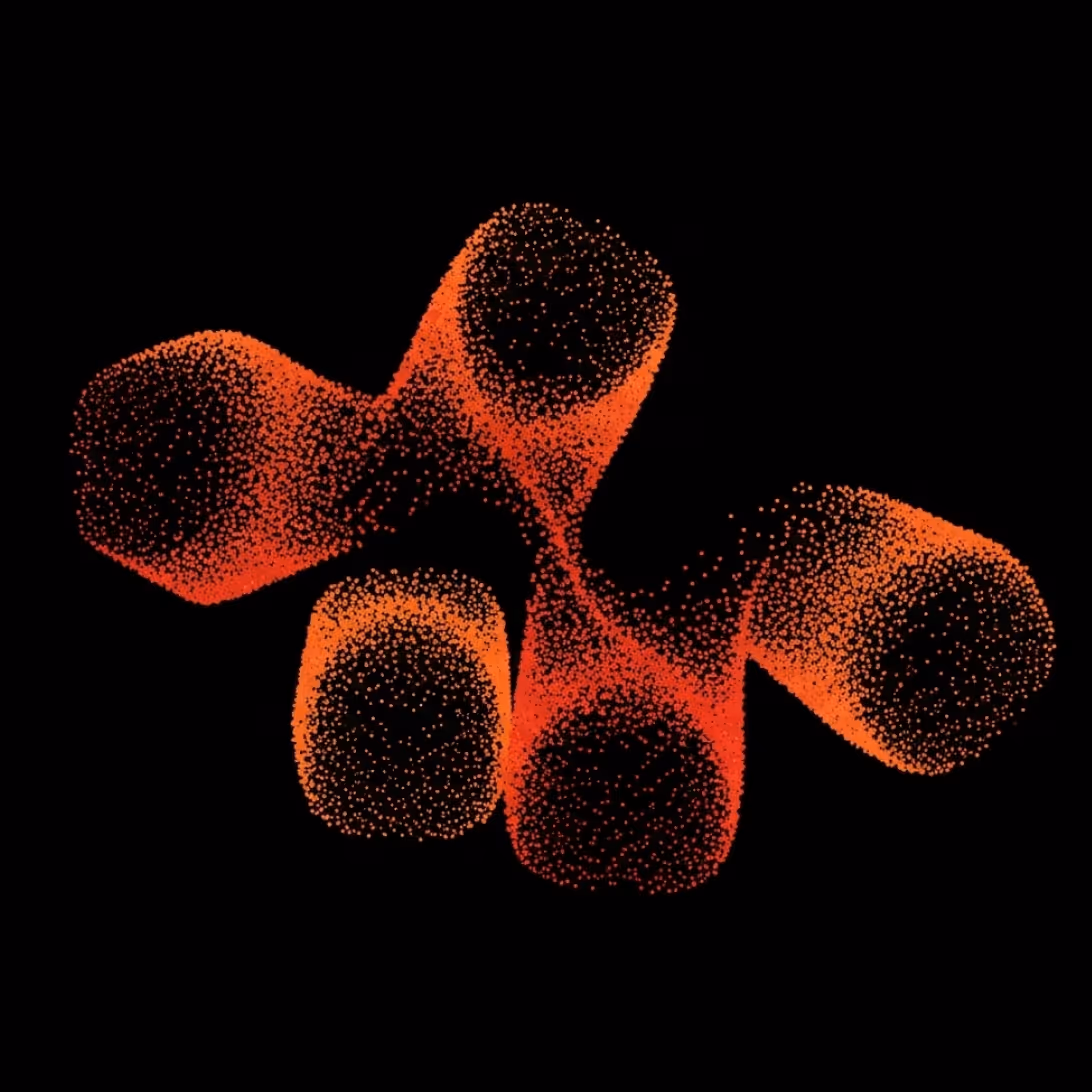 Abstract 3D shape made of clustered orange dots forming connected tubular structures on a black background.
